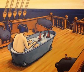 Nelson takes a bath (on his battleship), oils on wood