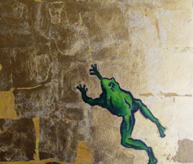 Frog reaching for the sky, 2011, acrylics and faux gold leaf on canvas, 60 x 73 cm Johann Boom painting Frog reaching for the sky